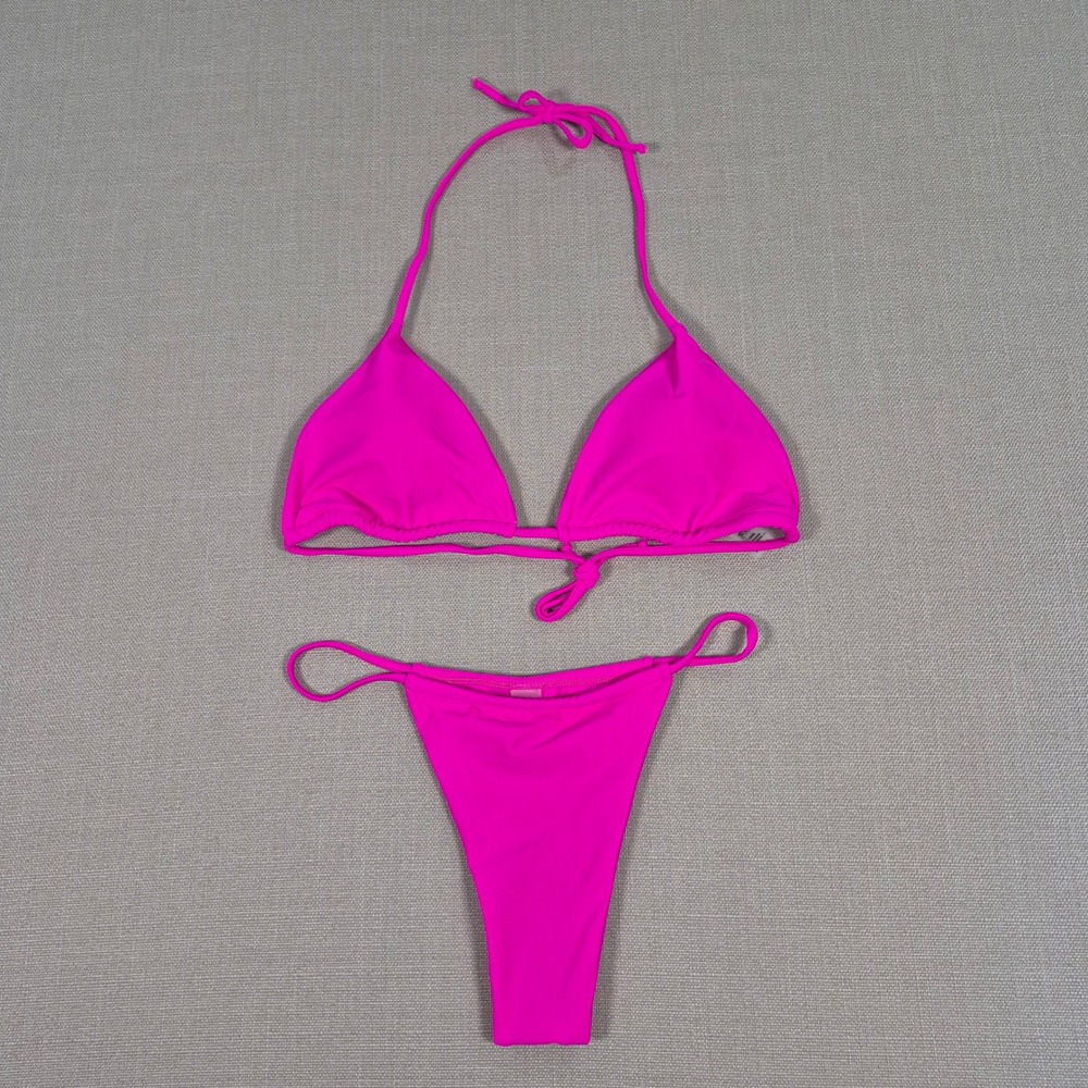 Neon Pink Triangle Bikini Set High Cut Two-Piece Swimsuit Size M NWOT